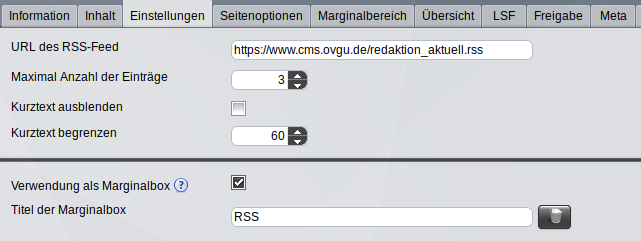 Extern RSS2 Einstellungen